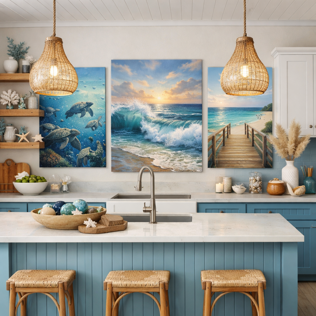A beautiful kitchen decorated with ocean-inspired wall art featuring sea turtles, waves, and a beach pathway.