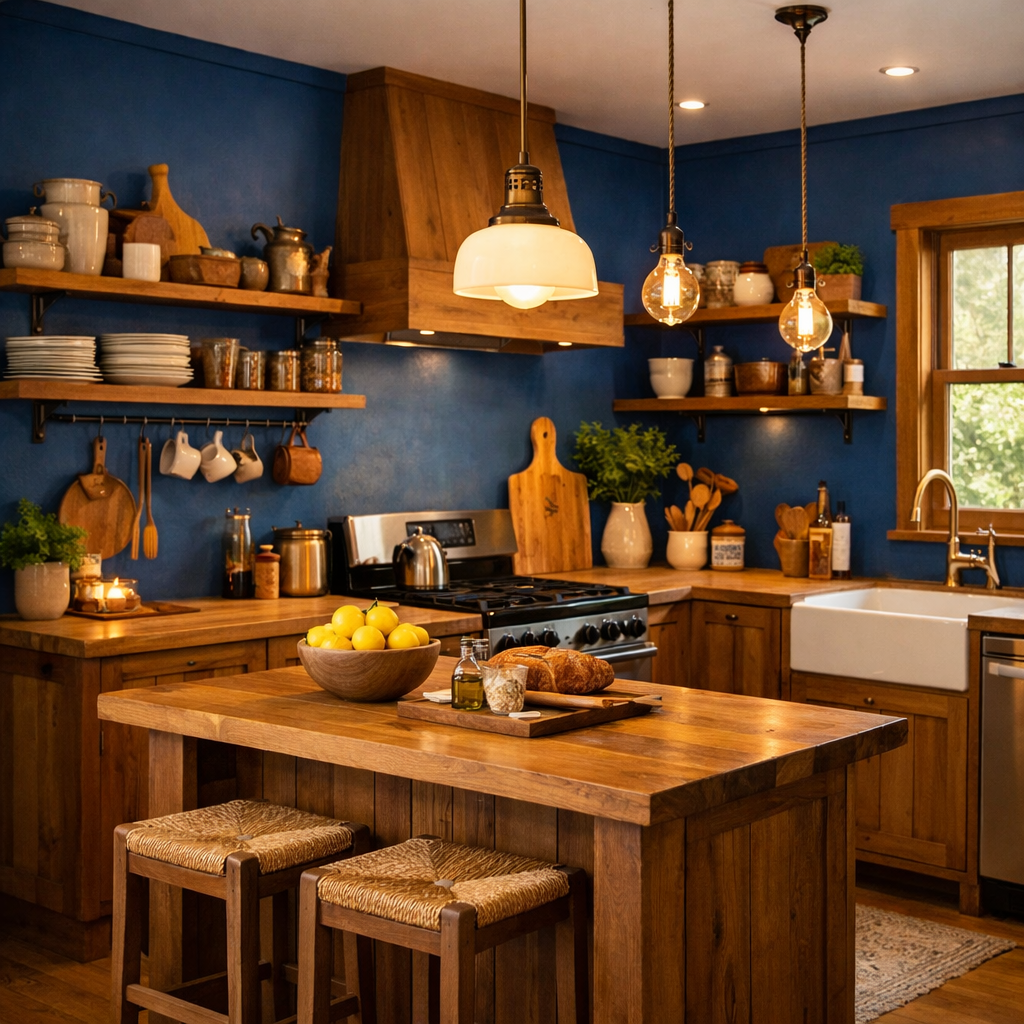 A beautifully designed kitchen with sapphire blue walls and wooden accents, showcasing a warm and inviting space.