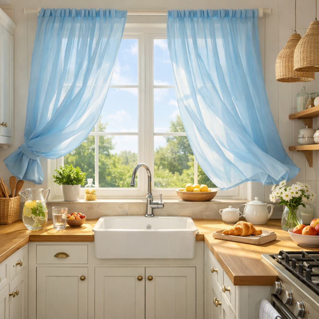 Bright kitchen with sky blue curtains, wooden countertops, and a cheerful atmosphere.