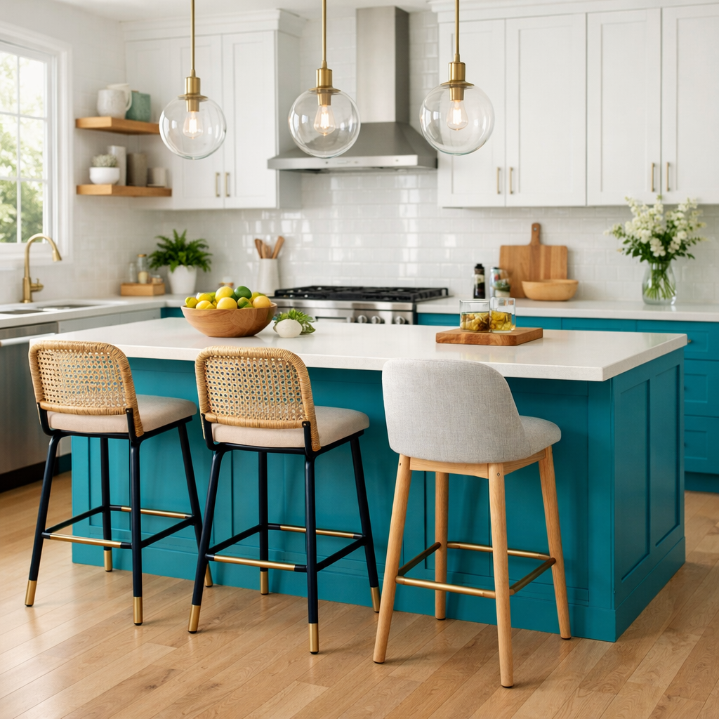 A turquoise kitchen island with bar stools in a bright kitchen.