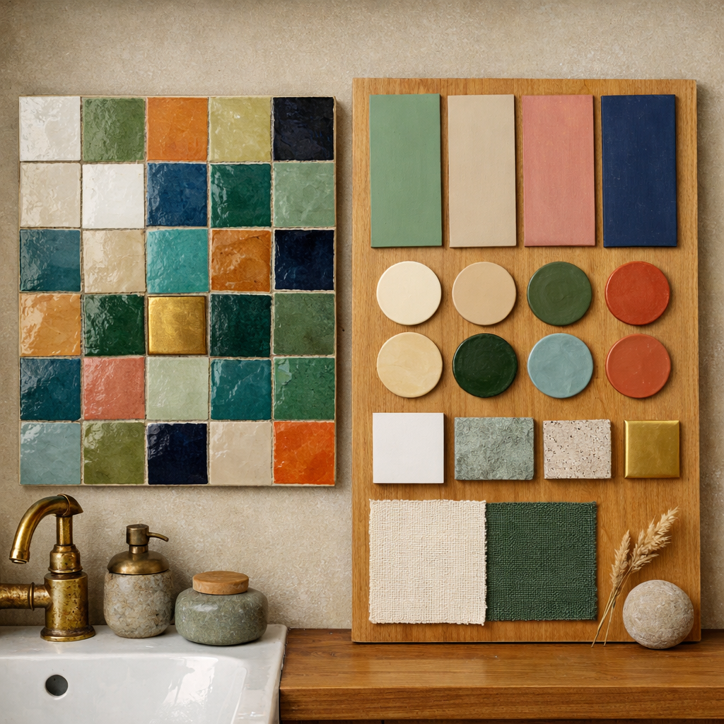 Color palette options for zellige tile bathroom including tiles and material swatches