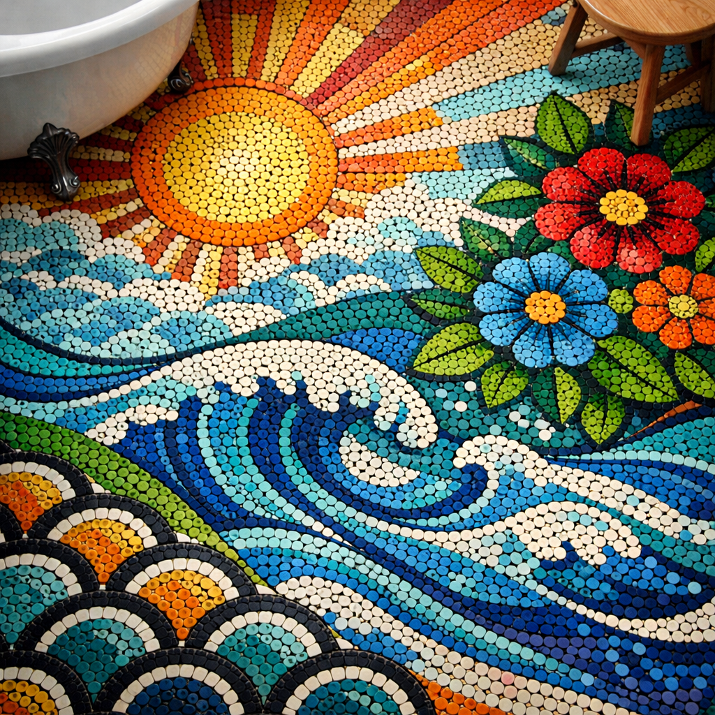 Colorful penny tile floor design featuring a sun, waves, and flowers.