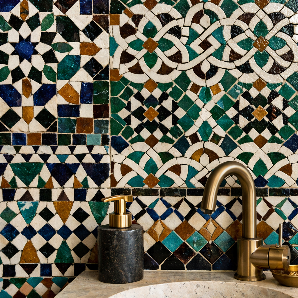 Colorful zellige tile wall in a bathroom with a stylish sink and faucet