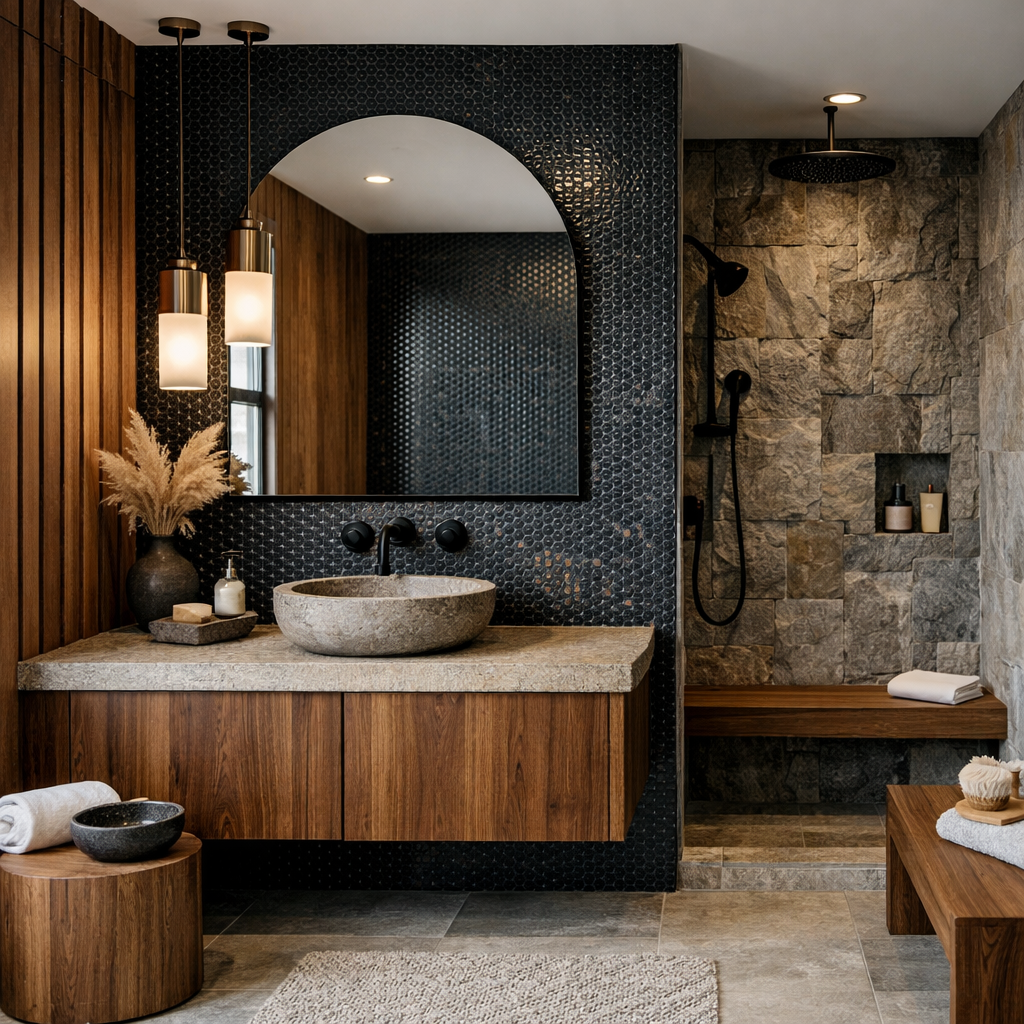 A stylish bathroom featuring a penny tile floor, wooden accents, and a natural stone sink.