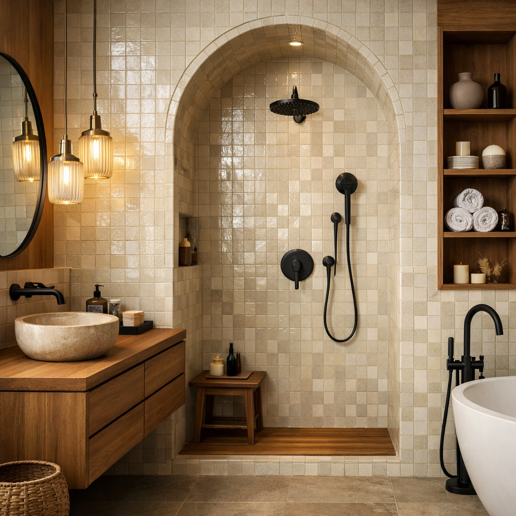 A beautifully designed bathroom featuring zellige tiles, wooden accents, and modern black fixtures.