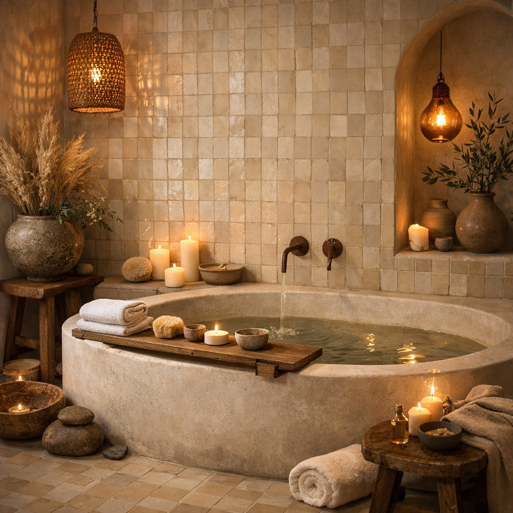 A serene bathroom featuring zellige tiles, candles, and a soaking tub
