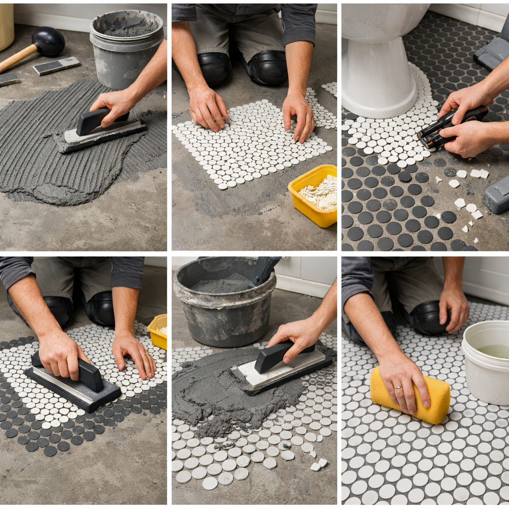 A step-by-step guide to laying penny tiles in a bathroom, showing tiling, grouting, and cleaning process.