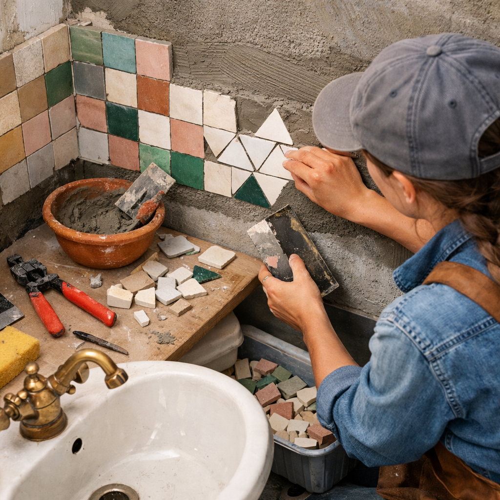 A person working on a DIY zellige tile project in a bathroom, placing colorful tiles on the wall.