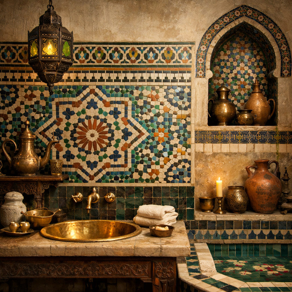A traditional Moroccan bathroom featuring zellige tiles, a golden sink, and beautifully arranged artifacts.