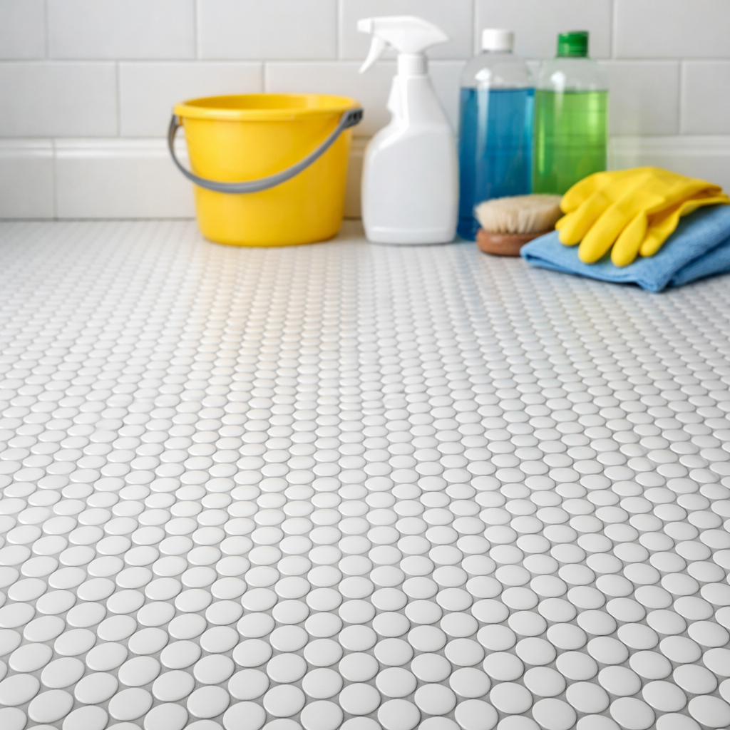 A penny tile bathroom floor with cleaning supplies including a yellow bucket, spray bottle, and scrub brush.