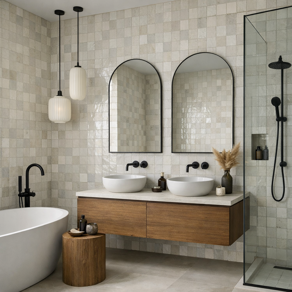 A modern bathroom featuring zellige tile walls, stylish mirrors, and sleek fixtures.