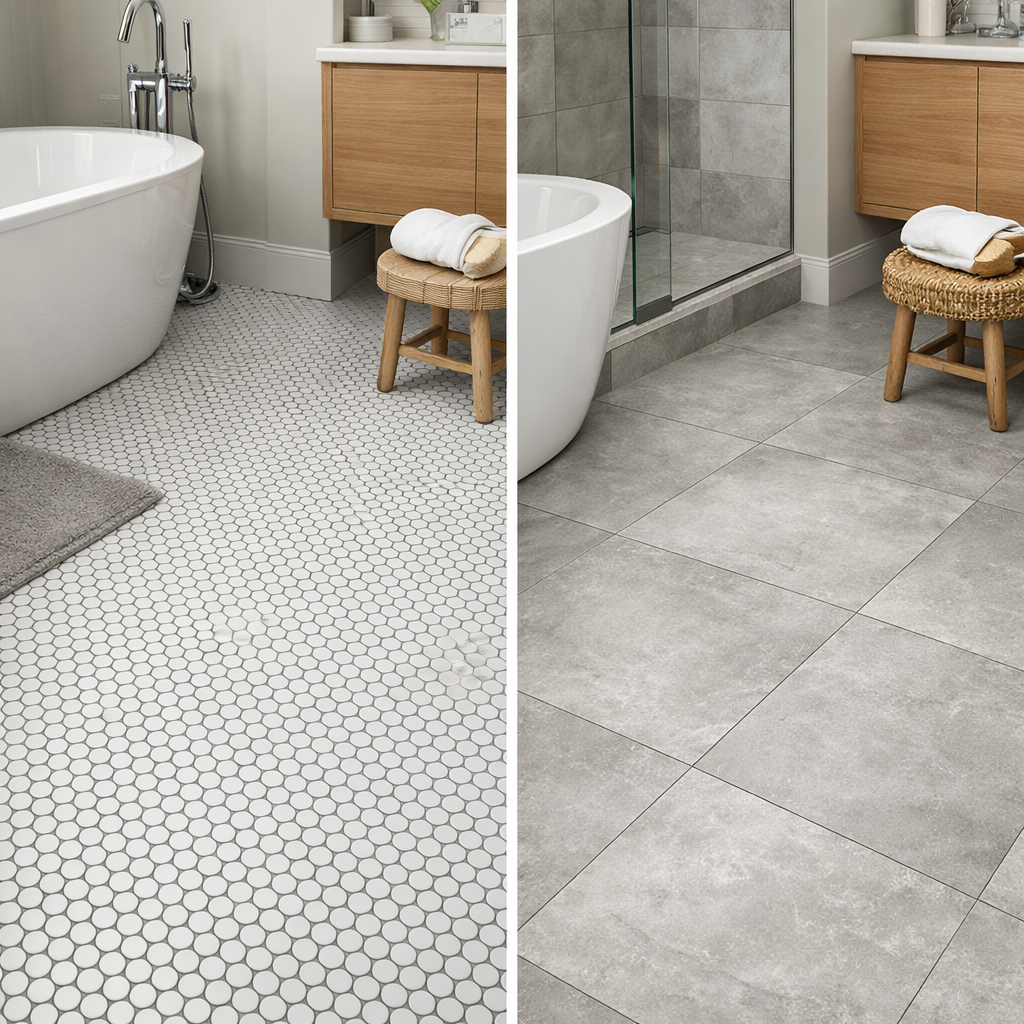 Comparison of penny tiles and grey large tiles in a bathroom setting