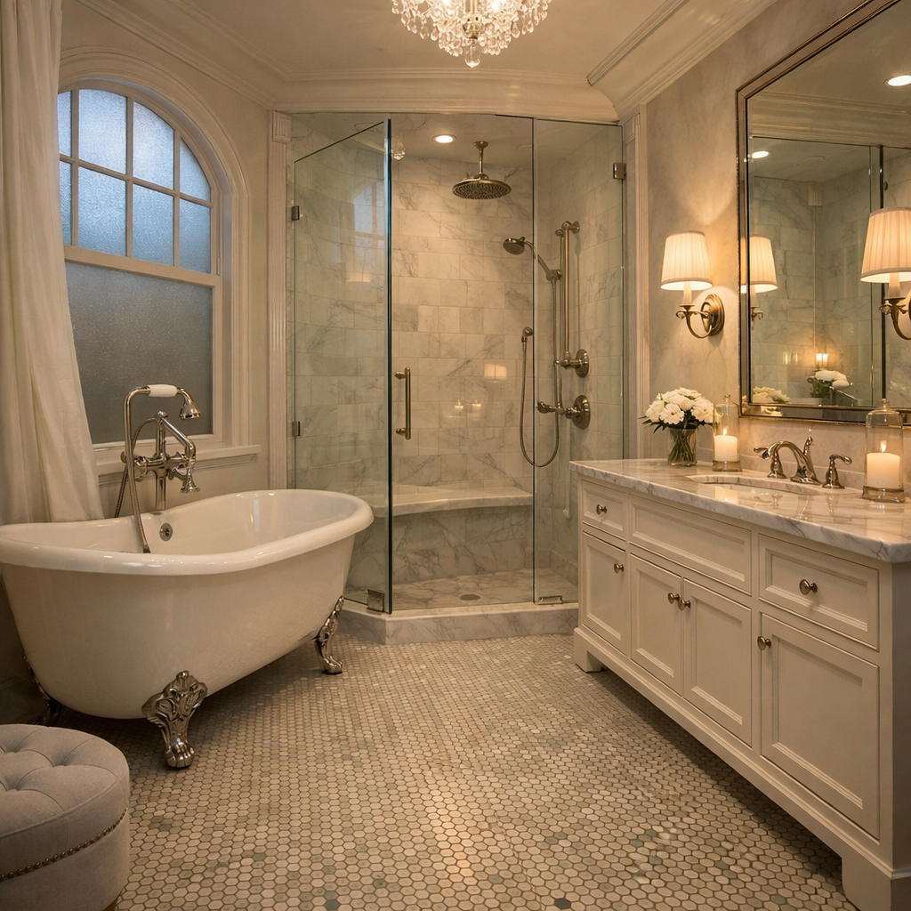 Elegant bathroom featuring a penny tile floor and modern fixtures