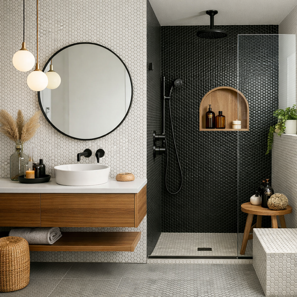 Modern bathroom featuring a penny tile floor, round mirror, and wooden accents.