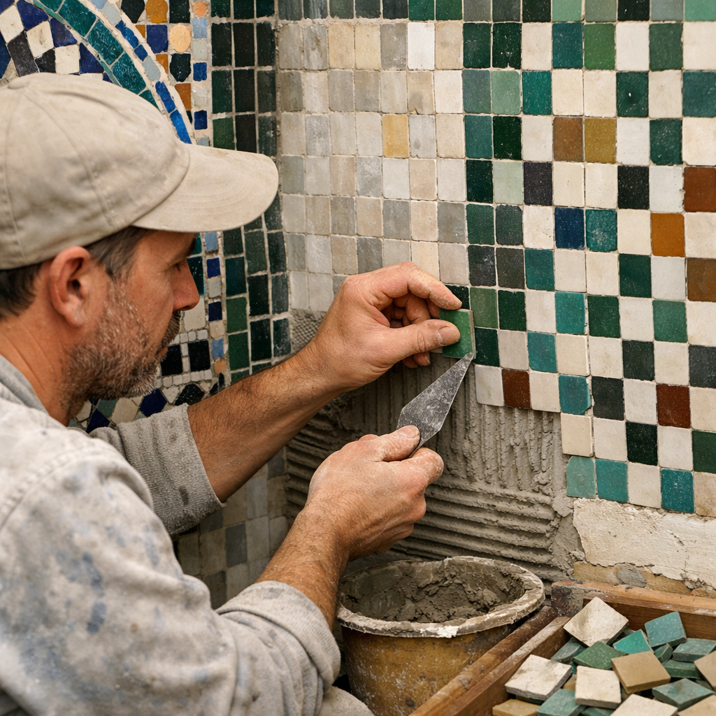 A craftsman installing zellige tiles in a bathroom