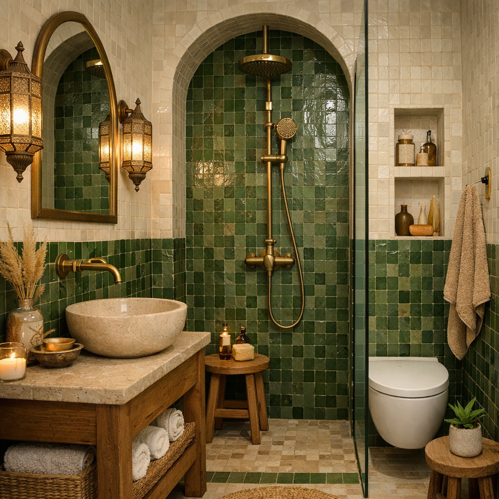 A small bathroom featuring green zellige tiles, a round stone sink, and warm brass fixtures.