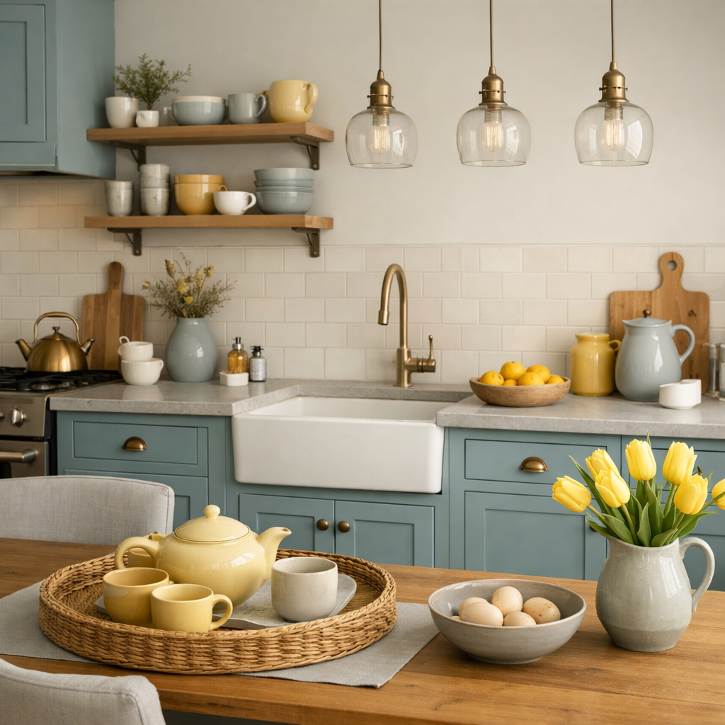 A stylish kitchen featuring duck egg blue cabinets, golden light fixtures, and rustic wooden shelves with decorative dishes.