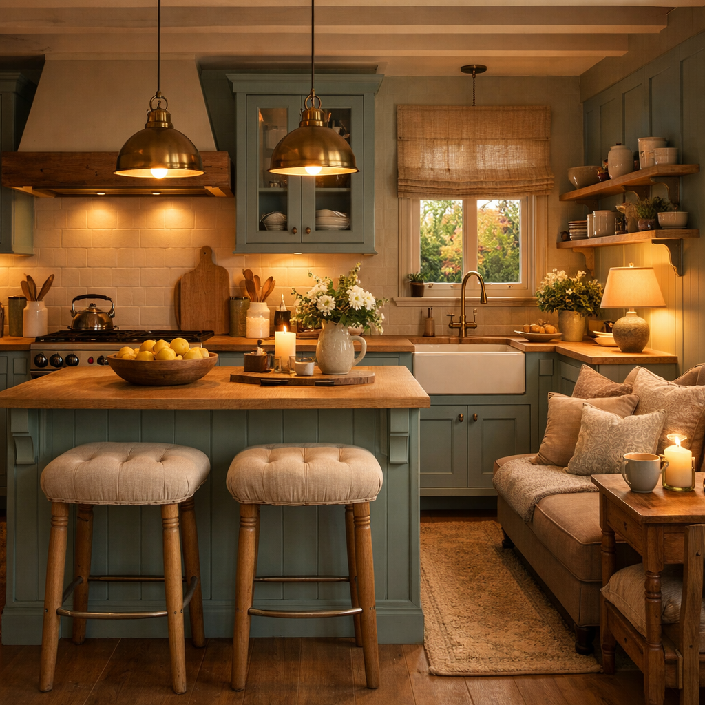 A cozy kitchen with duck egg blue cabinets, wooden accents, and warm lighting.