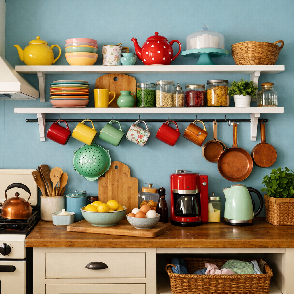A vibrant kitchen with a duck egg blue wall, colorful kitchenware, and wooden elements.