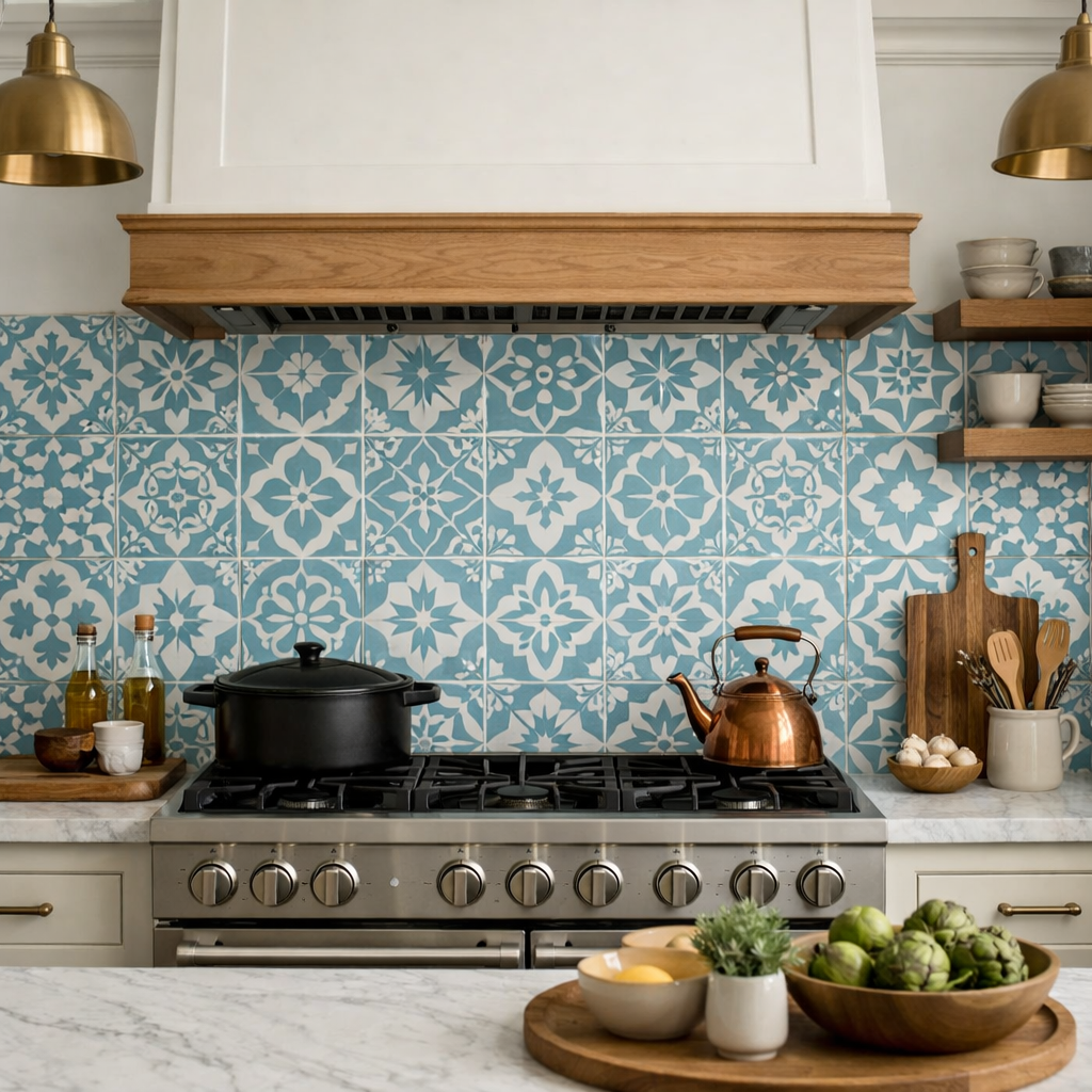 A stylish kitchen featuring a duck egg blue and white patterned tile backsplash.