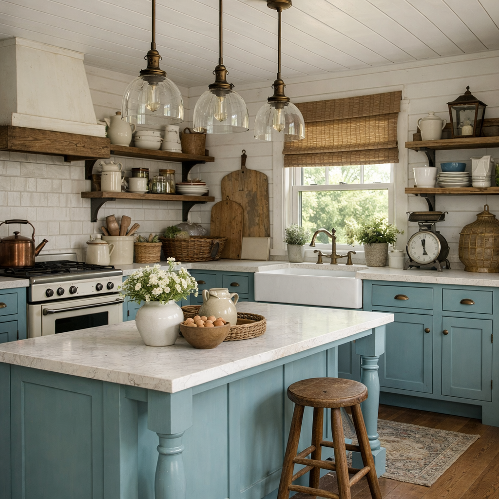 Modern farmhouse kitchen featuring duck egg blue cabinetry and rustic elements