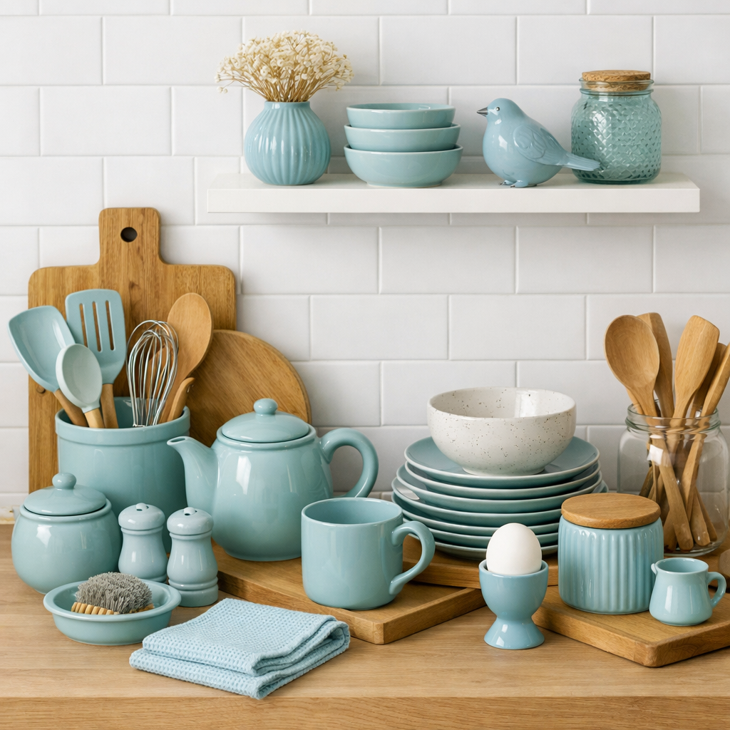 Beautiful display of duck egg blue kitchen accessories including teapots, utensils, and bowls.
