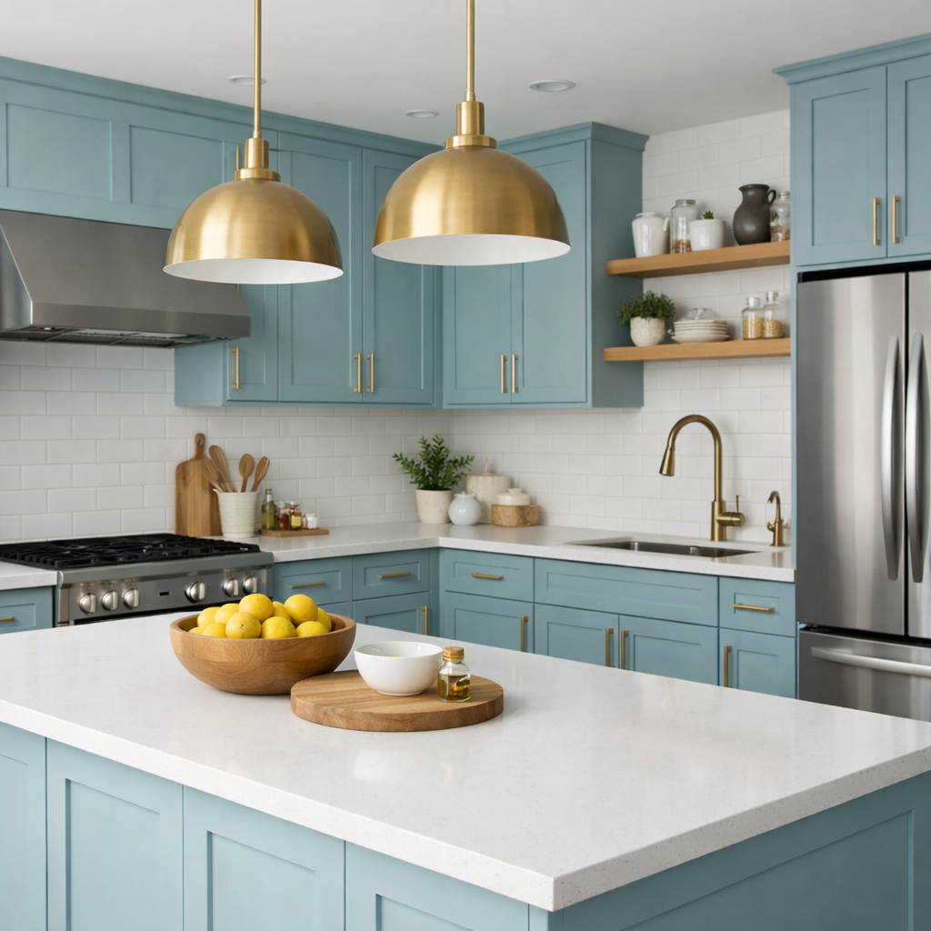 A kitchen featuring duck egg blue cabinets, brass light fixtures, and a modern design with natural elements.