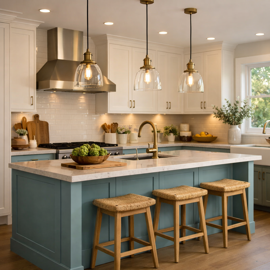 A beautifully designed kitchen featuring duck egg blue cabinets, pendant lights hanging over the island, and bright recessed lighting.