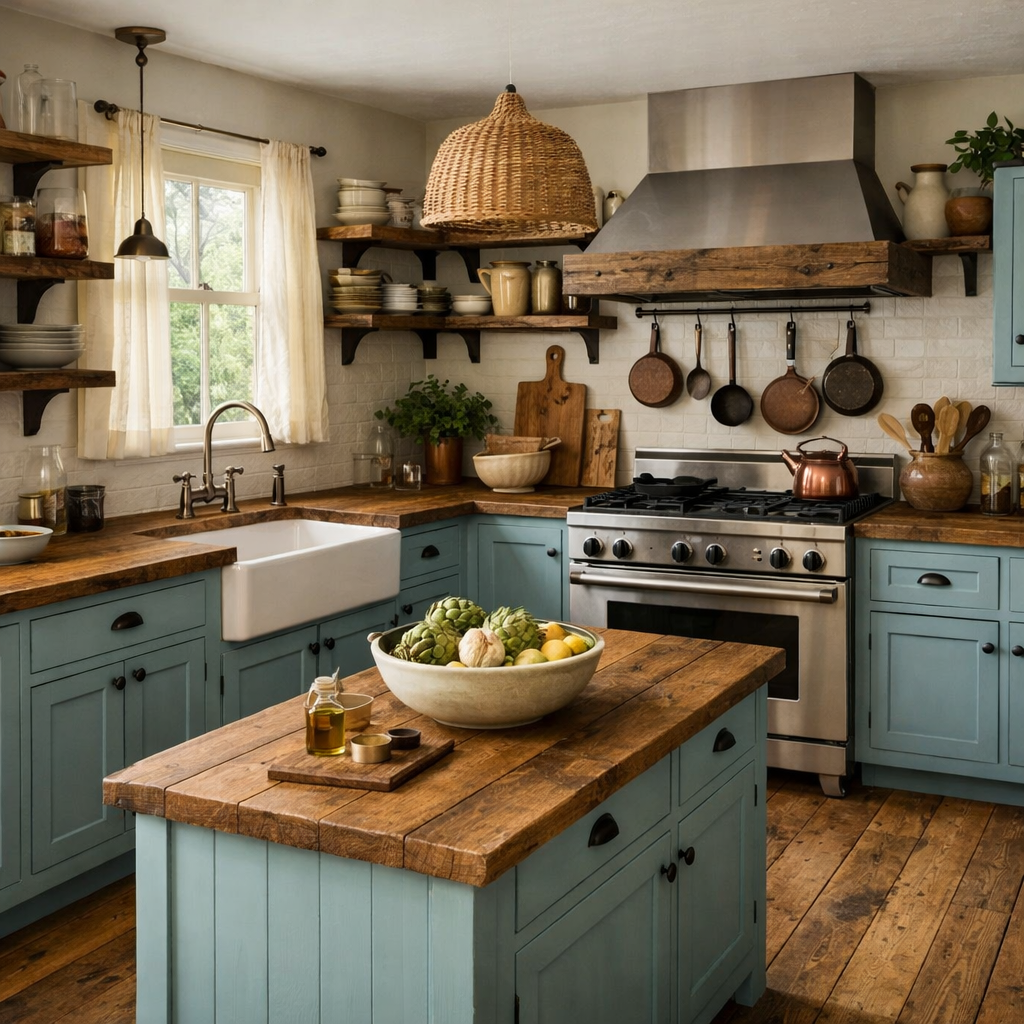 Charming kitchen featuring duck egg blue cabinetry and natural wood accents.