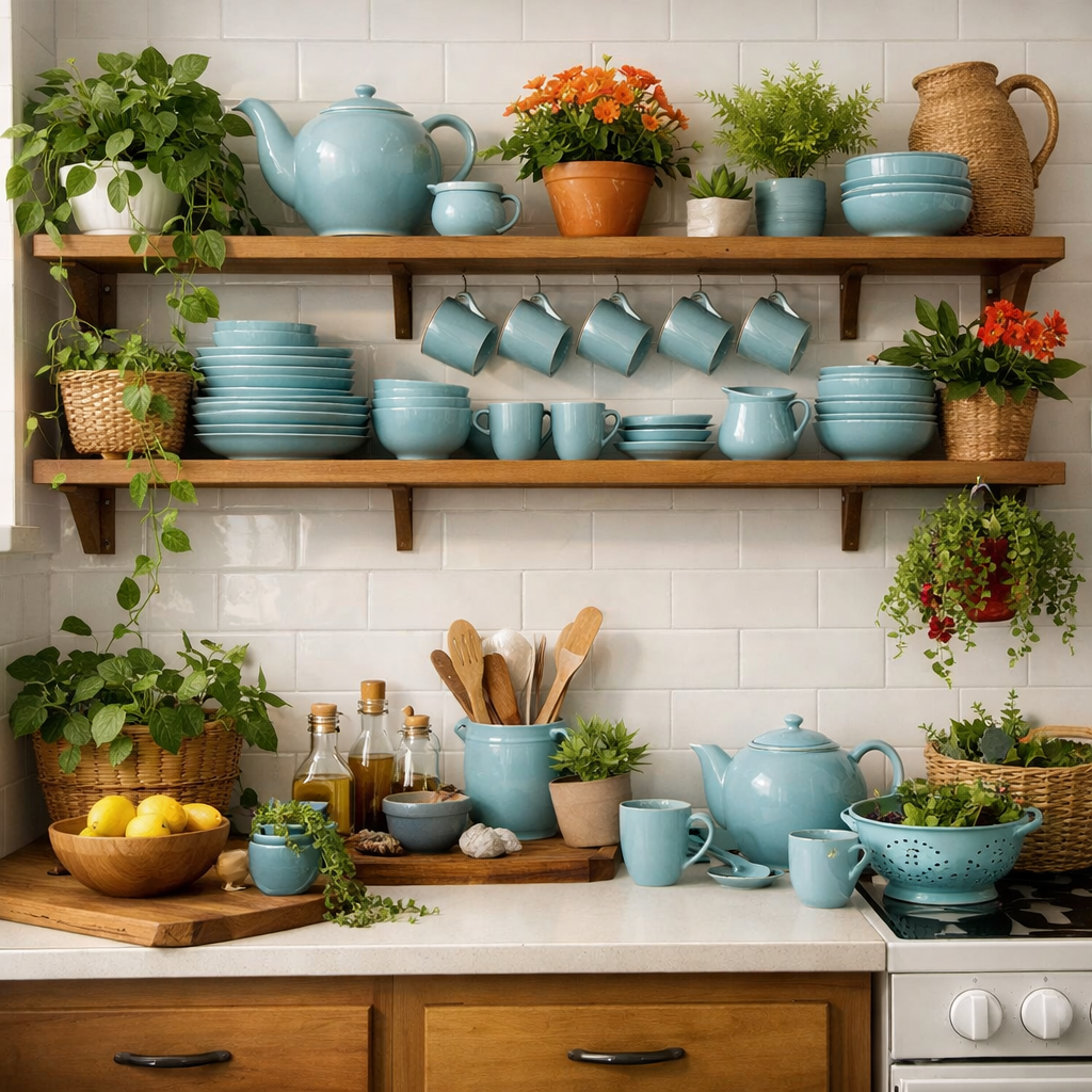 Open shelving featuring duck egg blue dishes, wooden shelves, and decorative plants.