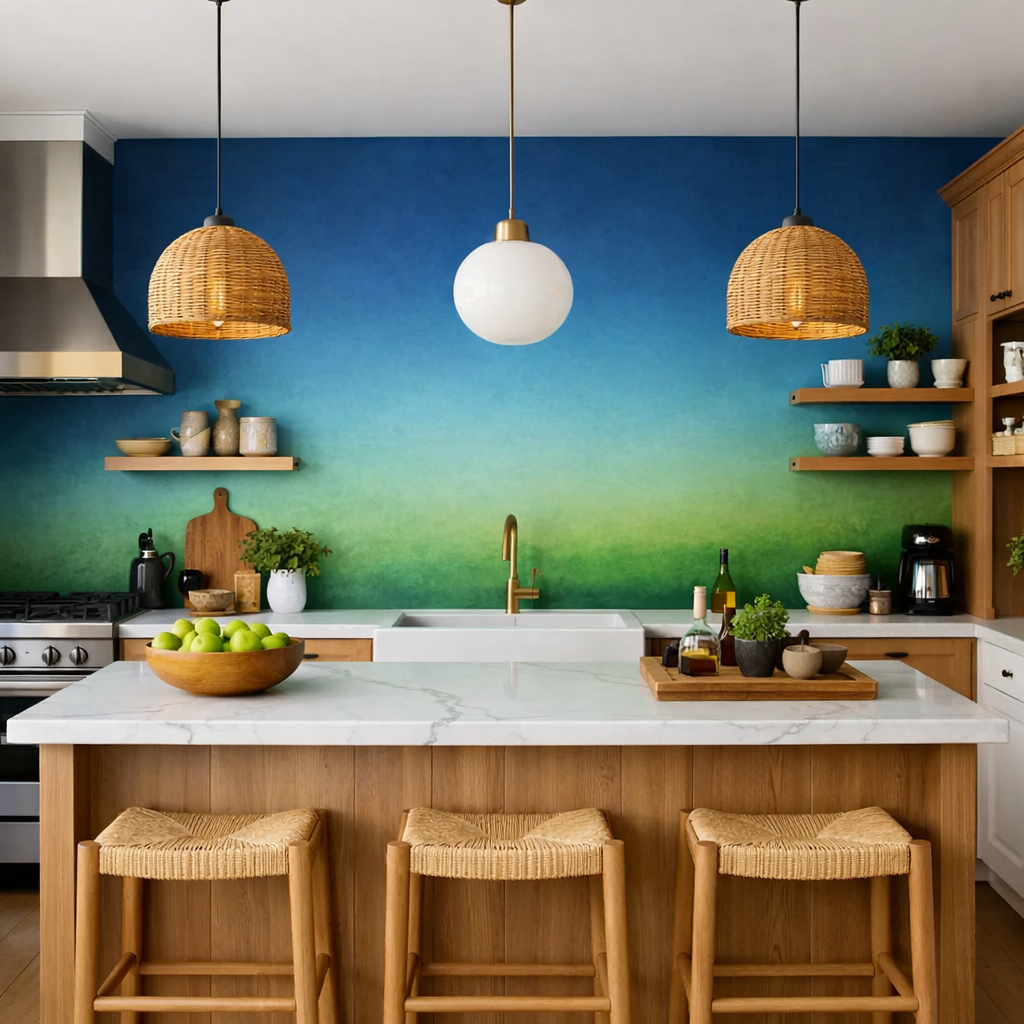 A modern kitchen with blue and green ombre walls featuring wooden accents and stylish light fixtures.
