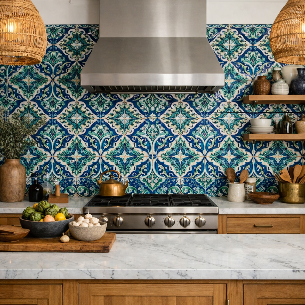 A kitchen with a blue and green patterned backsplash featuring wooden cabinets and a marble countertop.