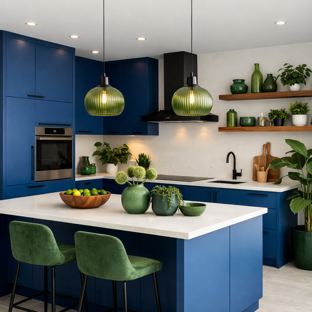 A modern kitchen featuring bold blue cabinets, green accents, and stylish decor.