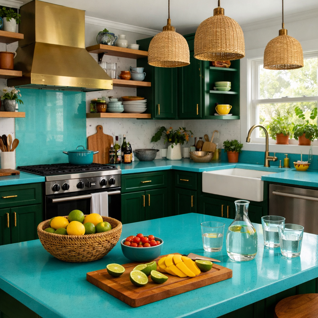 Brightly colored kitchen with aqua countertops and deep green cabinets, featuring fruits and elegant pendant lighting.