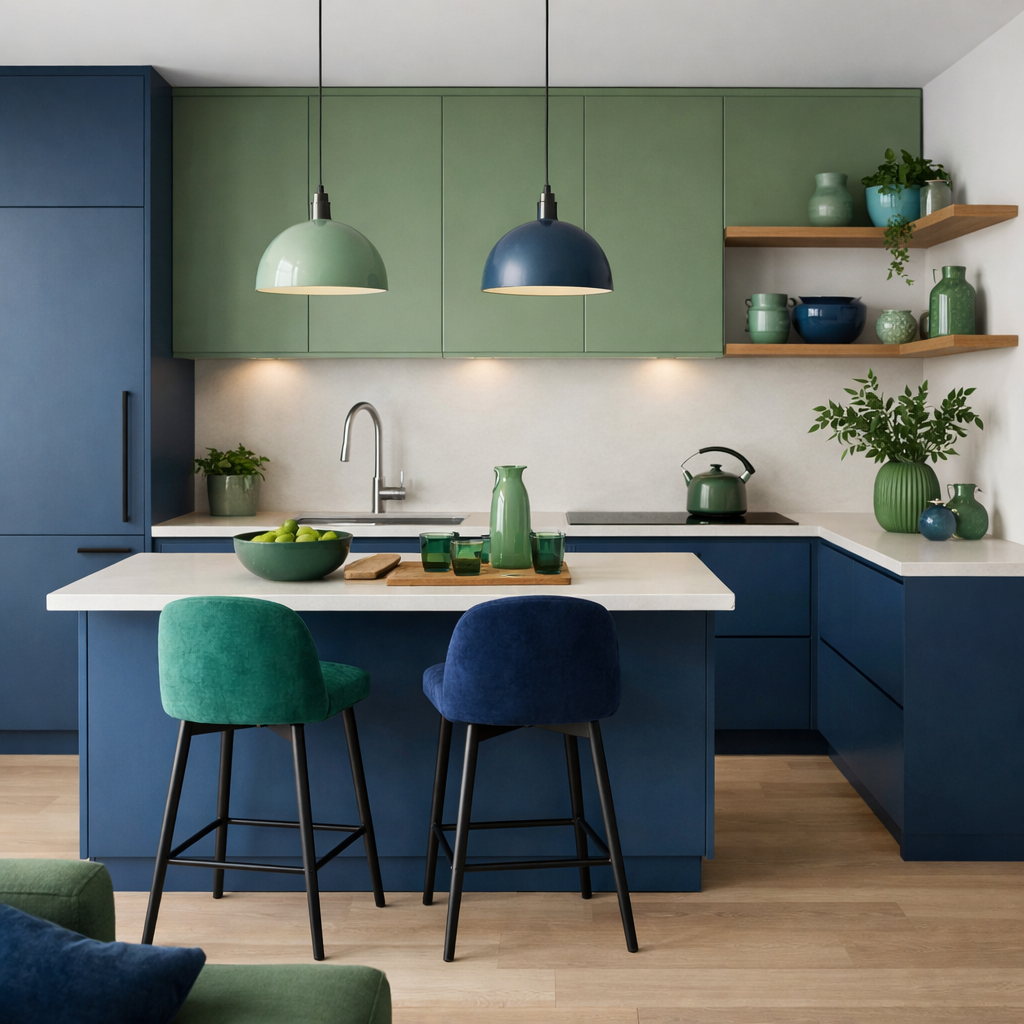 A contemporary kitchen featuring blue and green cabinetry, pendant lights, and minimalist decor.