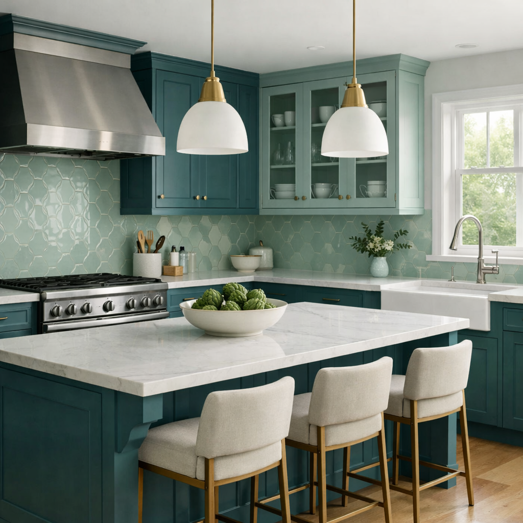 Elegant teal and seafoam kitchen with marble countertops and hexagonal backsplash