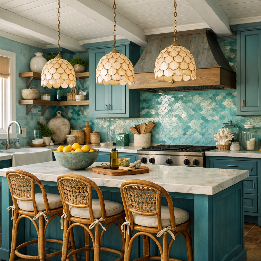 A bright and inviting blue and green kitchen with ocean-inspired elements, featuring turquoise cabinets, seashell light fixtures, and natural accents.