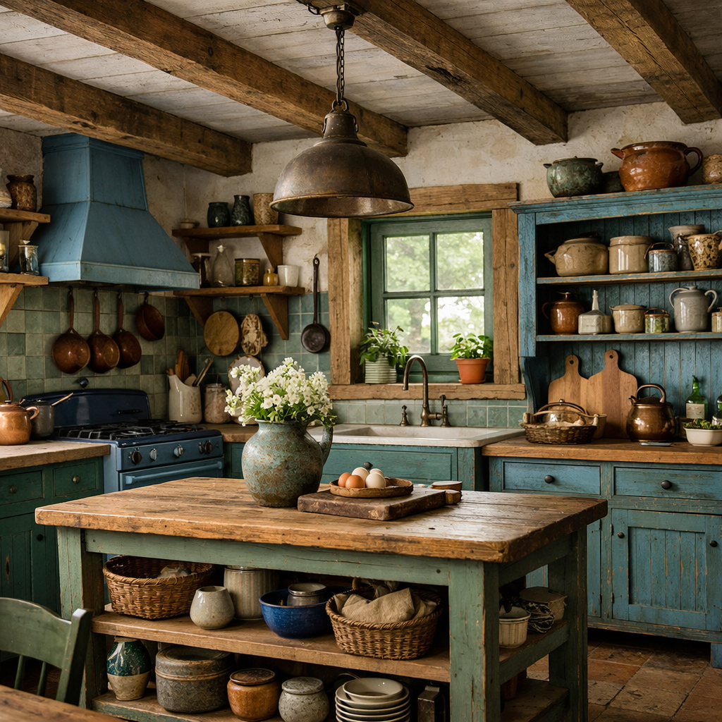 A rustic farmhouse kitchen featuring blue and green cabinets, wooden beams, an island with eggs and a vase of flowers, and open shelving with vintage dishes.