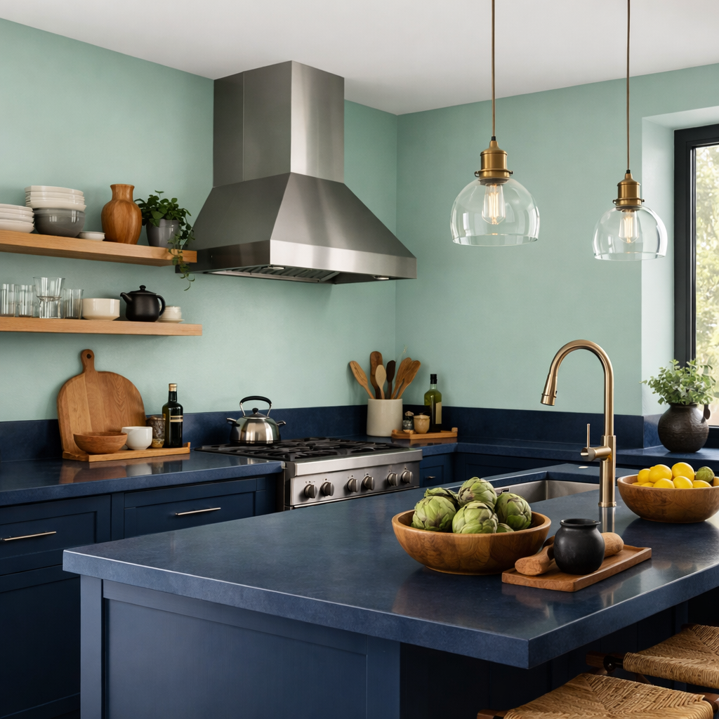 A modern kitchen with soft mint walls and dark navy cabinetry, featuring wooden shelves and stylish lighting.