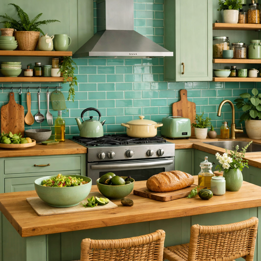 A bright kitchen featuring turquoise tiles, sage green cabinets, and natural wooden accents, filled with fresh ingredients and potted plants.