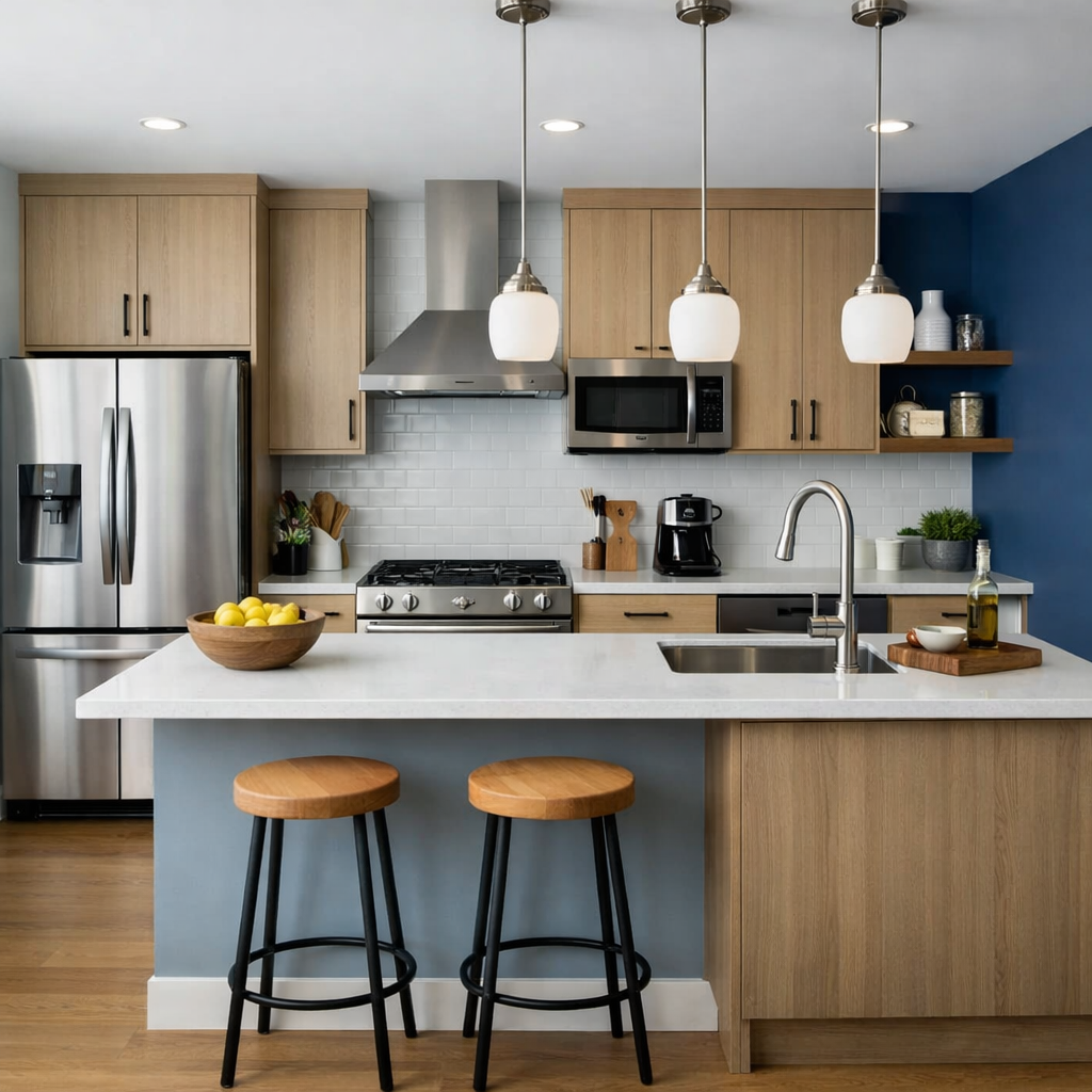 A kitchen featuring light wood cabinetry, modern appliances, and a deep blue accent wall that contrasts beautifully with lighter tones.