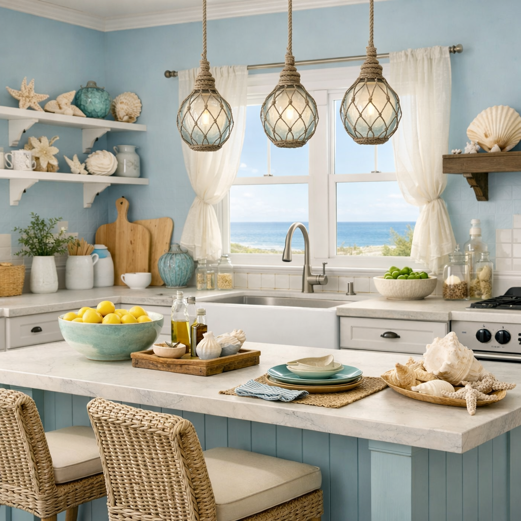A light blue kitchen with seashell decor, featuring a marble countertop, a view of the ocean, and natural lighting.