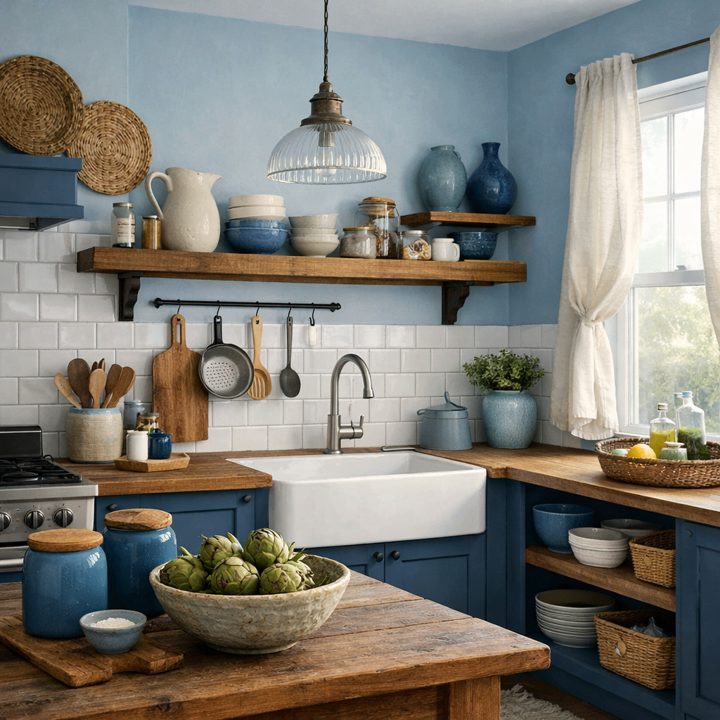 Cozy kitchen with light blue walls and wooden decor