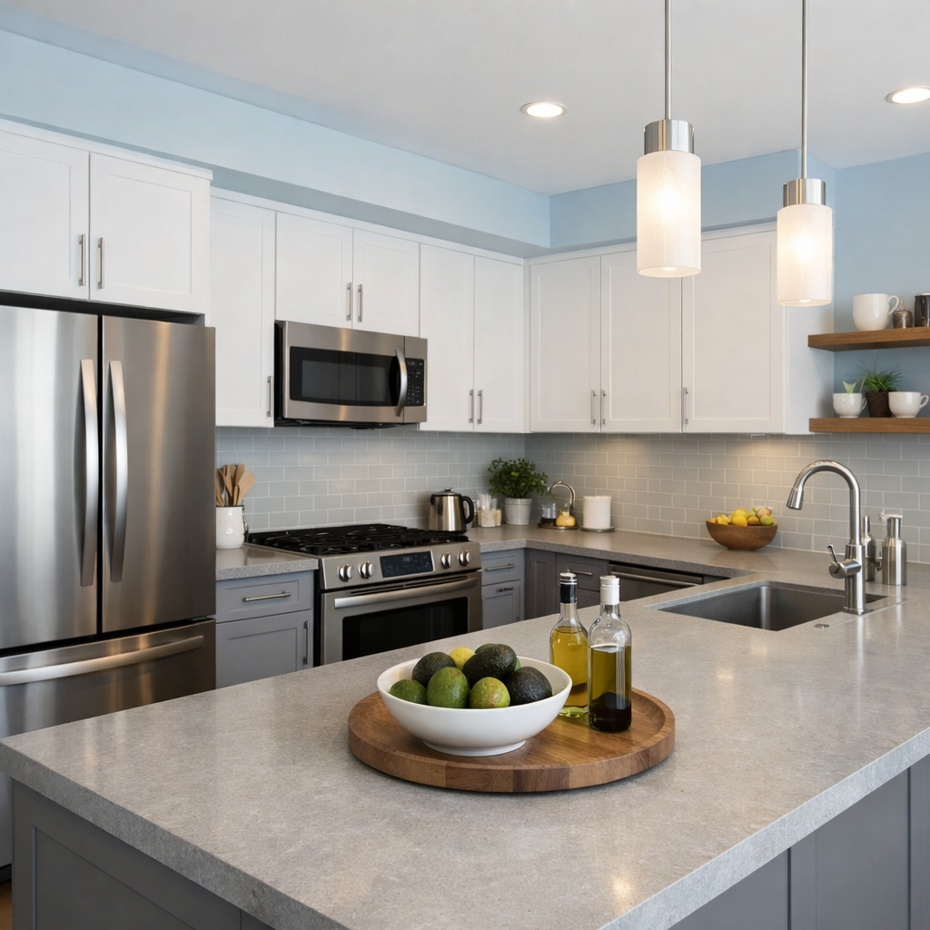 A modern kitchen featuring light blue walls and gray cabinetry with stainless steel appliances and a wooden fruit bowl.