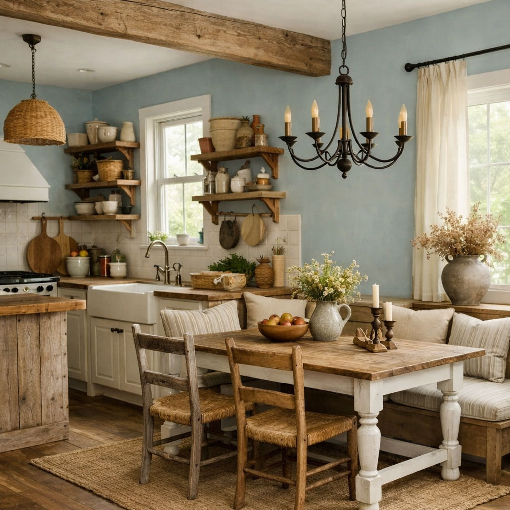 Farmhouse kitchen with light blue walls, rustic furniture, and decorative shelving.