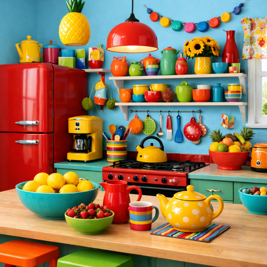 A colorful kitchen featuring light blue walls, red fridge, yellow teapot, and various bold accessories.