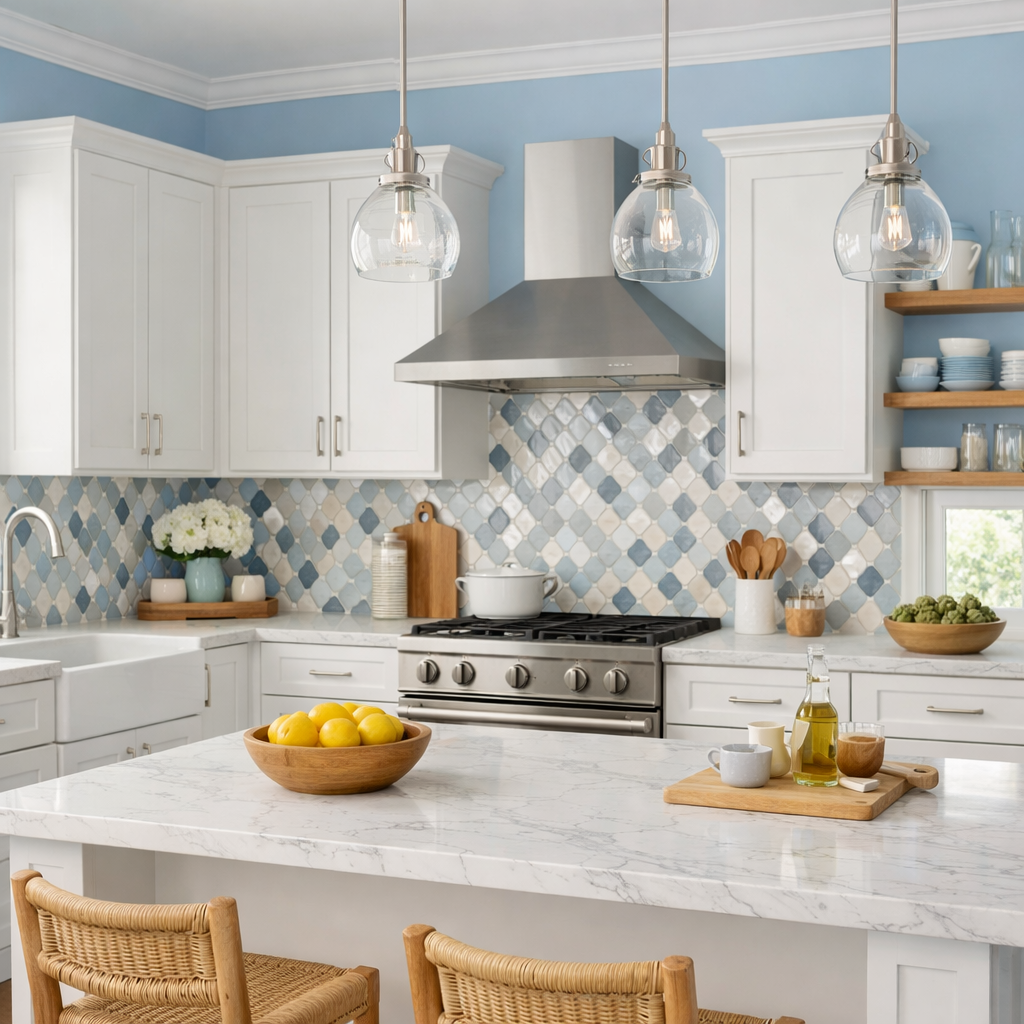A modern kitchen with light blue walls and white shaker cabinets, featuring a marble countertop and colorful backsplash.