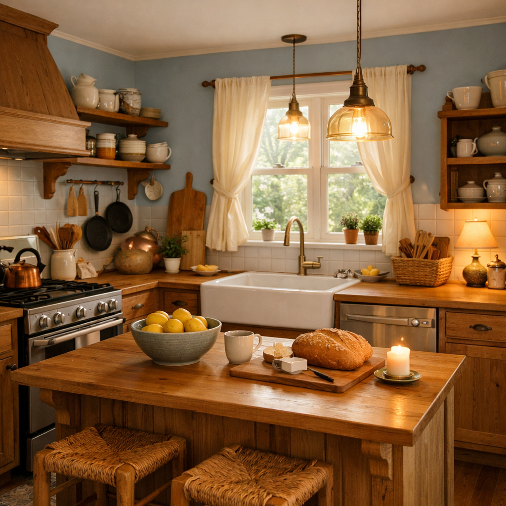 A cozy kitchen with light blue walls, warm wood tones, and a rustic charm.