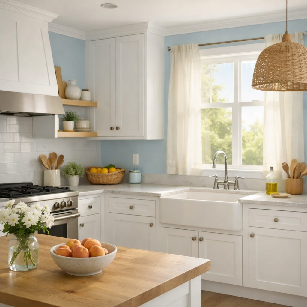 A kitchen featuring soft sky blue walls, white cabinetry, and a rustic wooden island.
