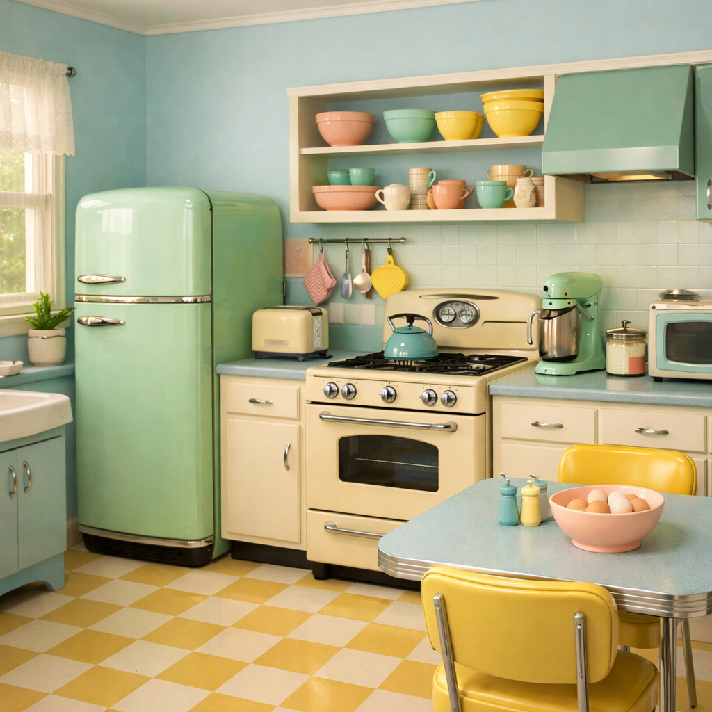 A vintage-style kitchen featuring light blue walls, pastel-colored bowls, and retro appliances, showcasing a charming and cheerful atmosphere.